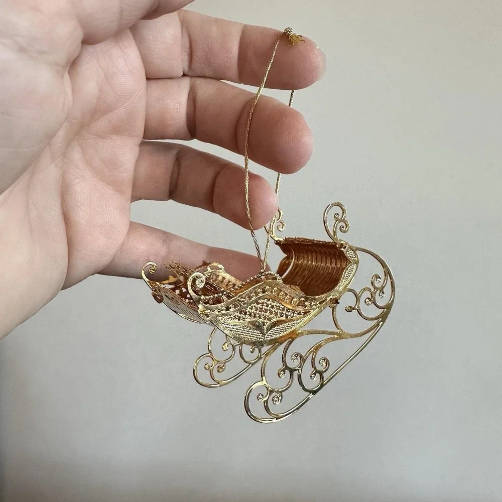 VTG Christmas Ornament Baldwin Brass Victorian Sleigh 24K‎ Gold Plate Boxed